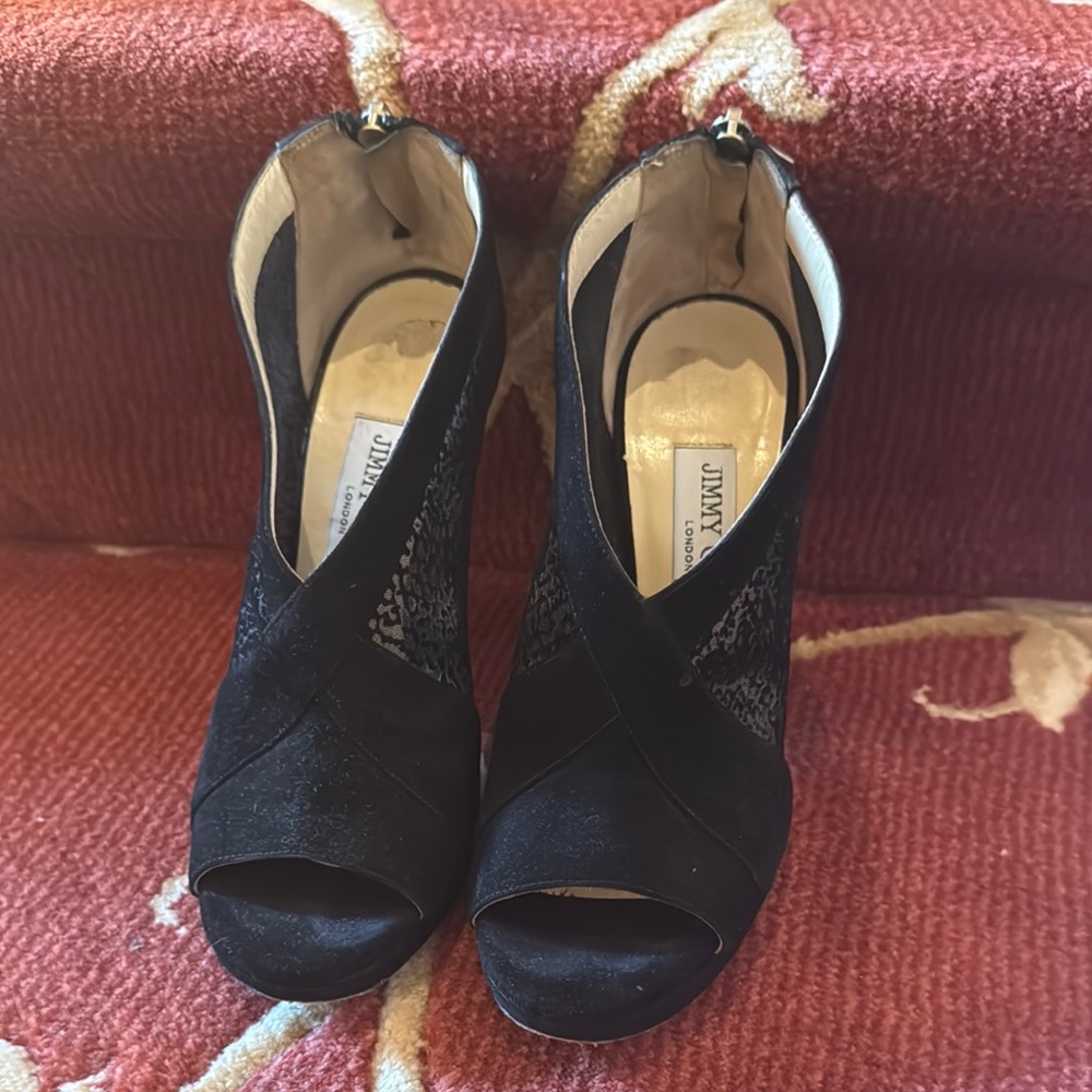 Jimmy Choo Black Suede Heels with Chunky Heel and Peep Toe